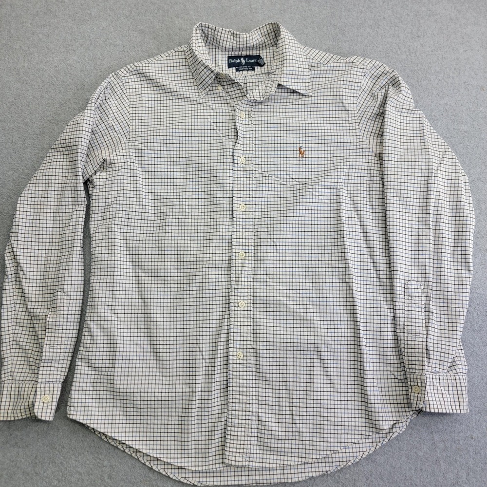Ralph Lauren Shirt Mens Large Blue Check Custom Fit Long Sleeve Button Down Pony